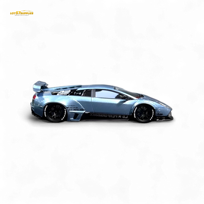 Lamborghini Murcielago LBWK diecast model in ice blue, 1:64 scale, with detailed exterior and Lamborghini branding.
