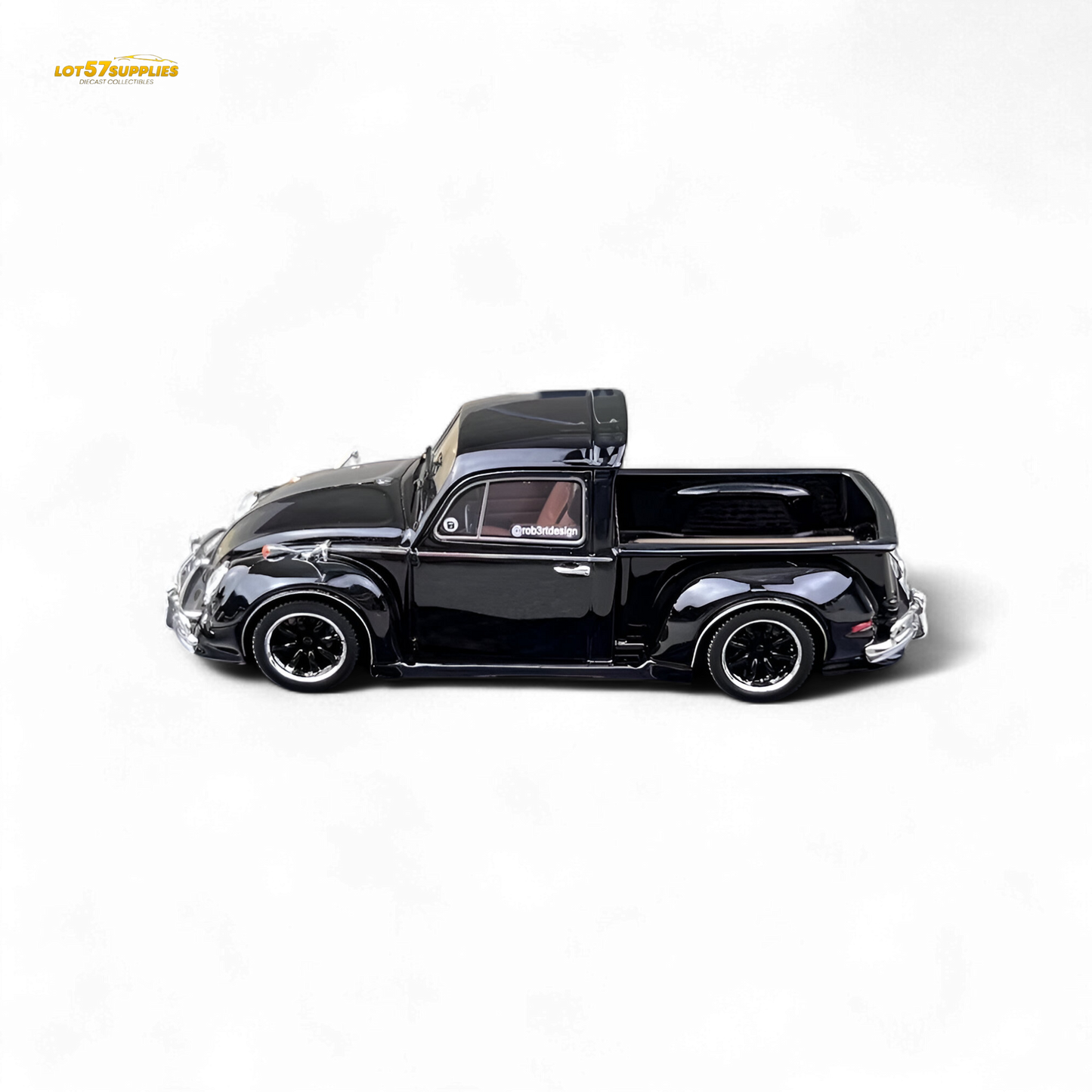 Black YM Model Volkswagen Beetle Pickup Truck diecast model in 1:64 scale, showcasing detailed features and compact design.