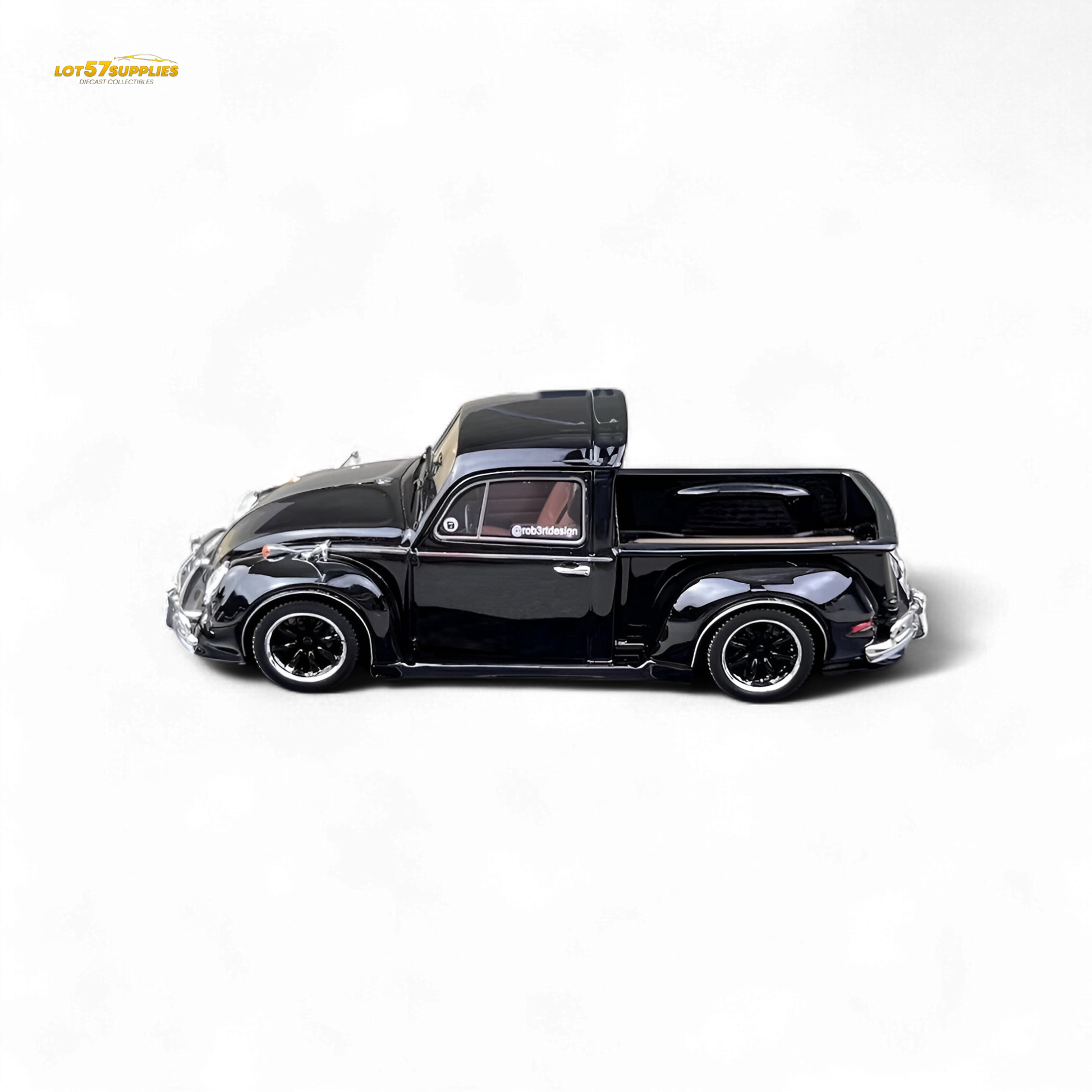 Black YM Model Volkswagen Beetle Pickup Truck diecast model in 1:64 scale, showcasing detailed features and compact design.