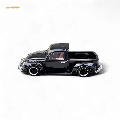 Black YM Model Volkswagen Beetle Pickup Truck diecast model in 1:64 scale, showcasing detailed features and compact design.