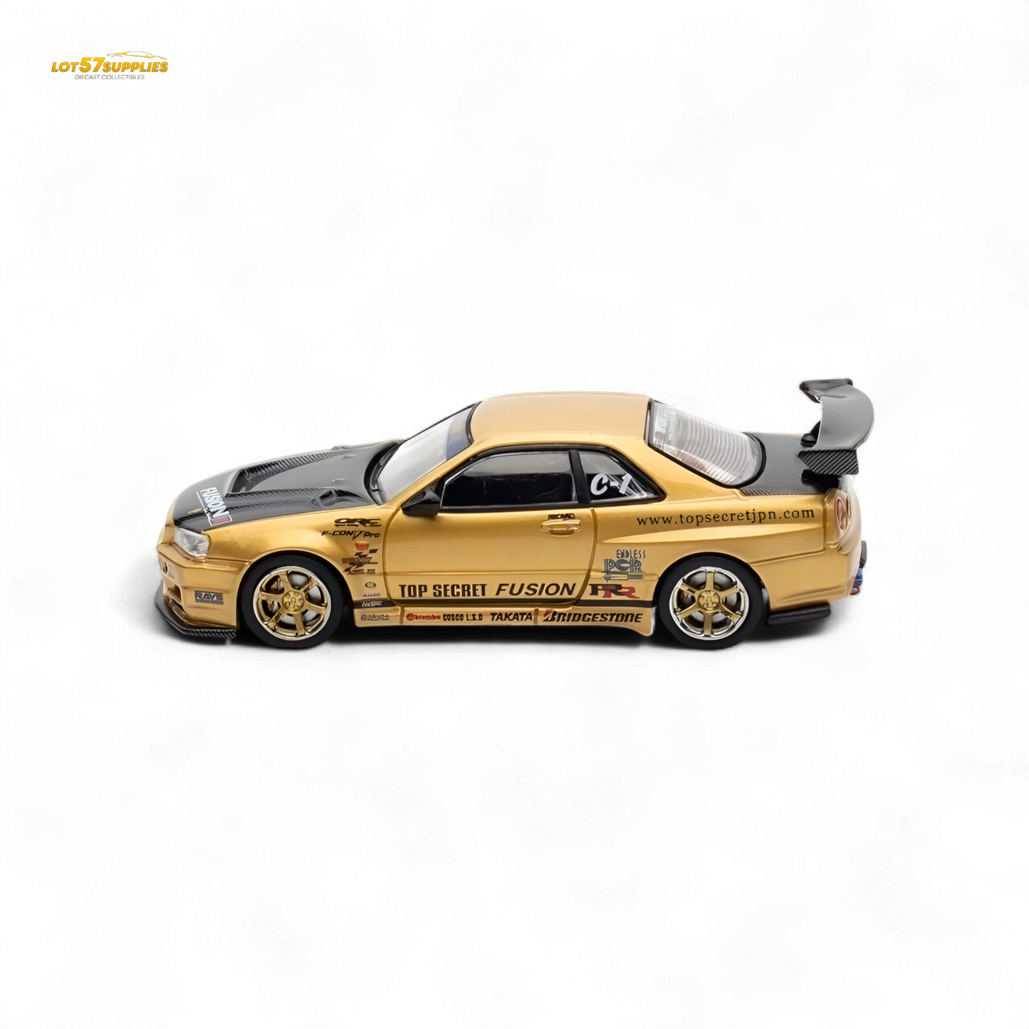 Gold Inno64 Top Secret R34 GT-R diecast model, Nissan 1:64 scale, detailed miniature car with sleek design and realistic features