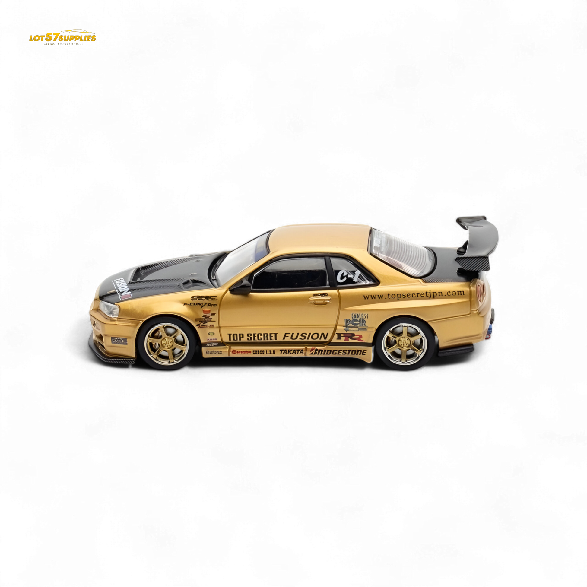 Gold Inno64 Top Secret R34 GT-R diecast model, Nissan 1:64 scale, detailed miniature car with sleek design and realistic features