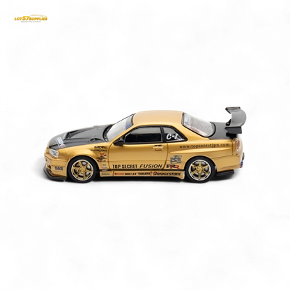 Gold Inno64 Top Secret R34 GT-R diecast model, Nissan 1:64 scale, detailed miniature car with sleek design and realistic features