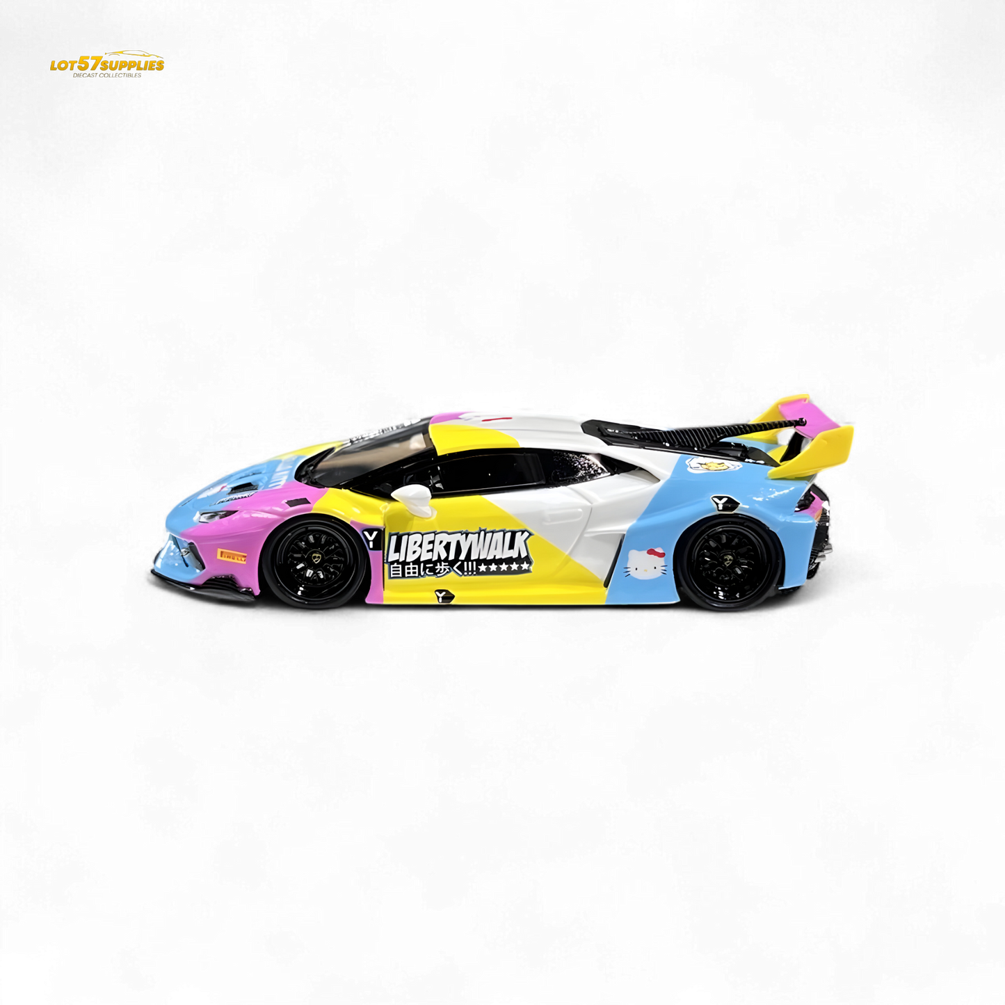 Lamborghini Huracan LP610-4 wide-body resin diecast model in 1:64 scale, detailed yellow Lamborghini with black accents.