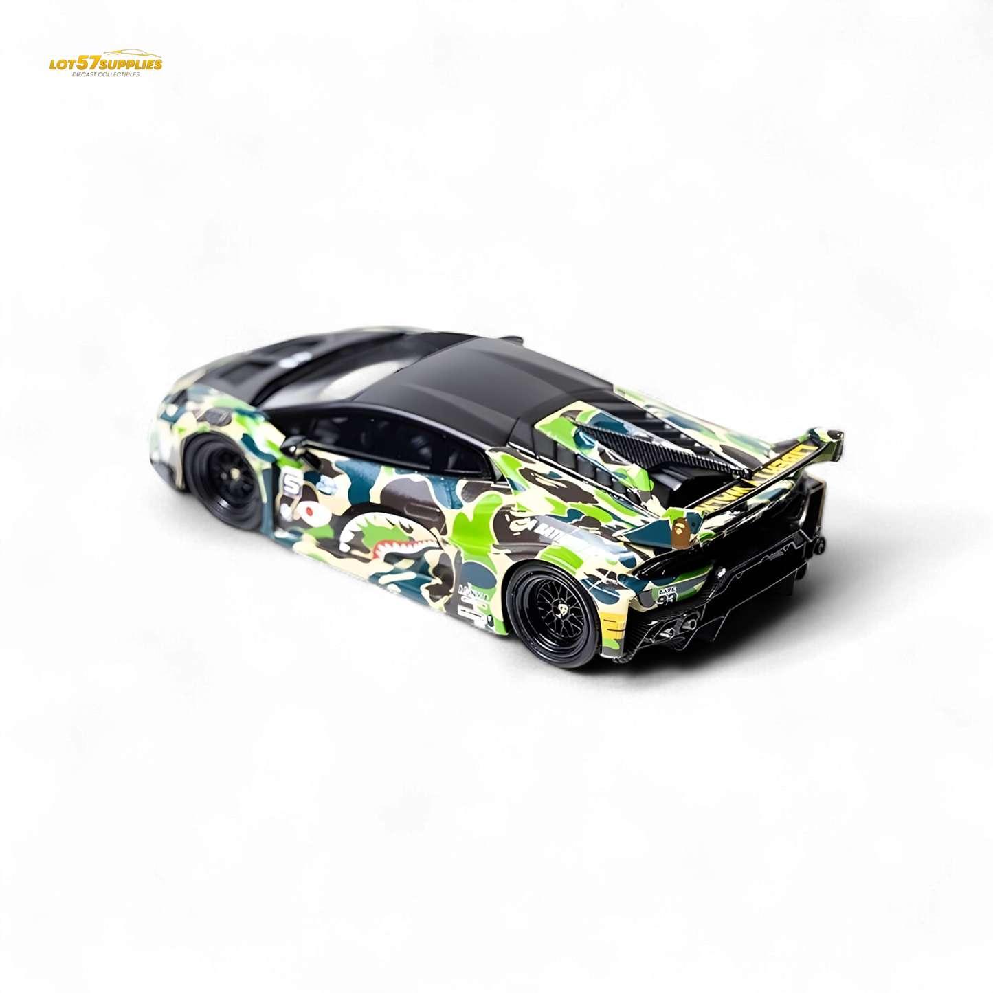 Lamborghini Huracan LP610-4 diecast model by Lot57Supplies, with wide-body camouflage design, 1:64 scale, detailed and realistic.