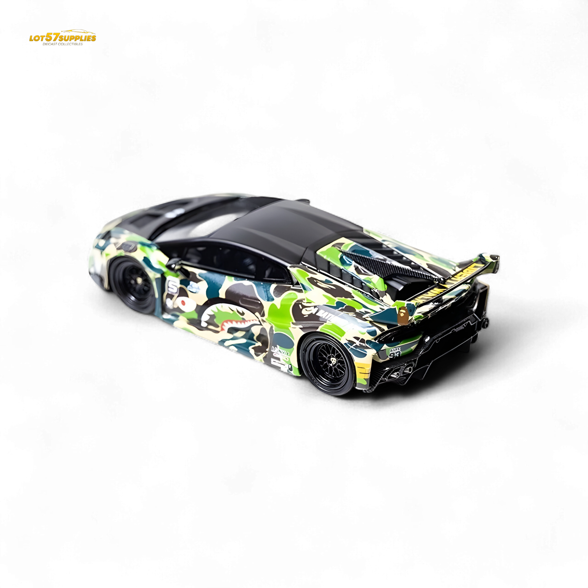 Lamborghini Huracan LP610-4 diecast model by Lot57Supplies, with wide-body camouflage design, 1:64 scale, detailed and realistic.