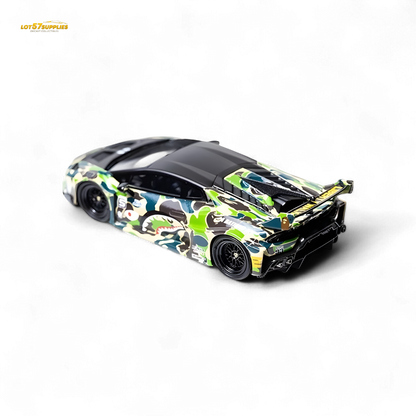 Lamborghini Huracan LP610-4 diecast model by Lot57Supplies, with wide-body camouflage design, 1:64 scale, detailed and realistic.
