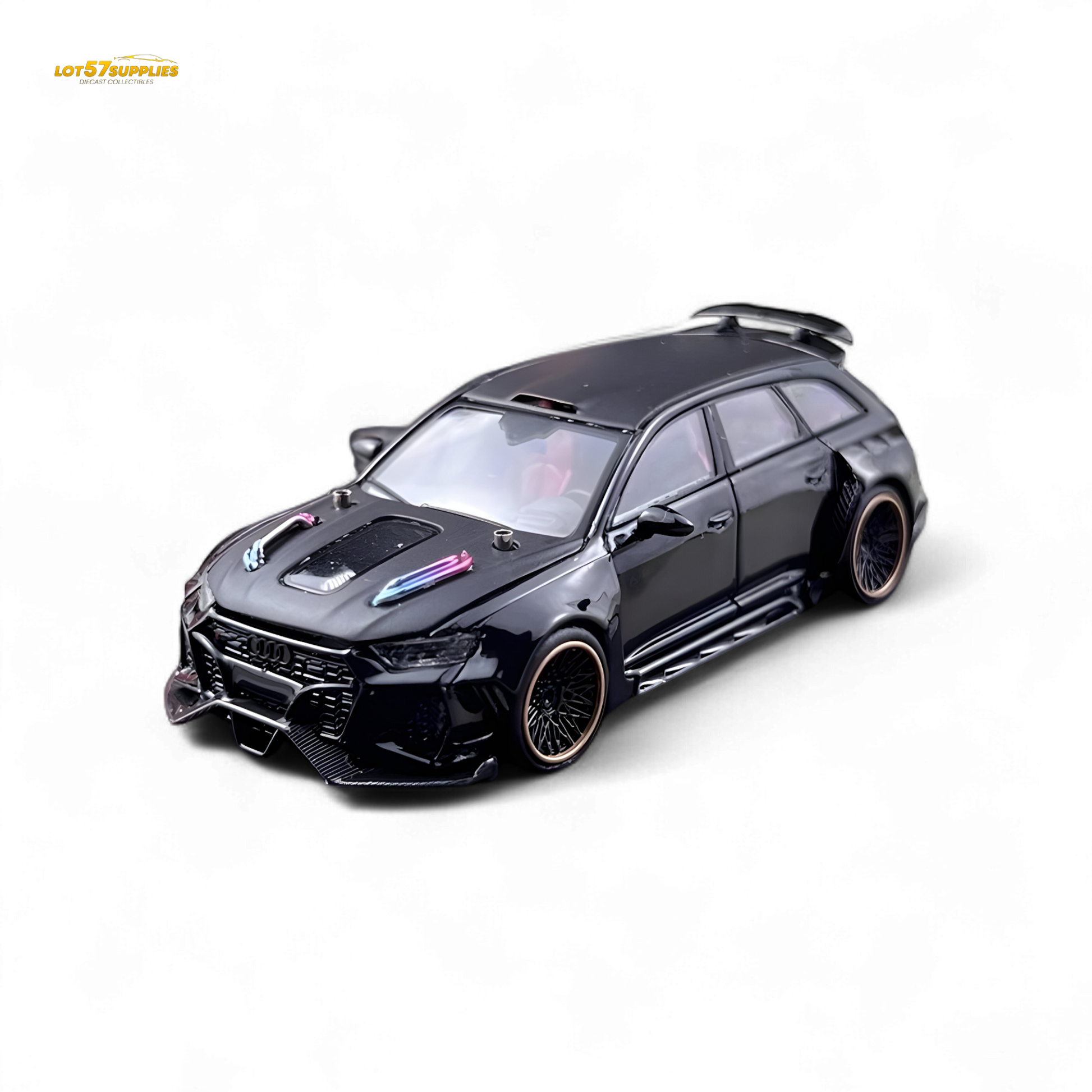 Metallic black Audi RS6 Wagon diecast model in 1:64 scale, detailed black finish, realistic design, by Lot57Supplies Diecast Shop.