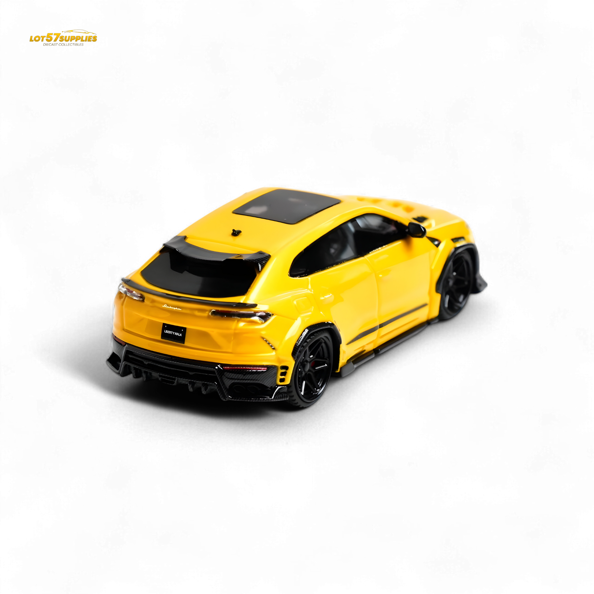 Yellow Lamborghini Urus LBWK diecast model in 1:64 scale with detailed features, showcasing the vibrant Giallo Auge color.