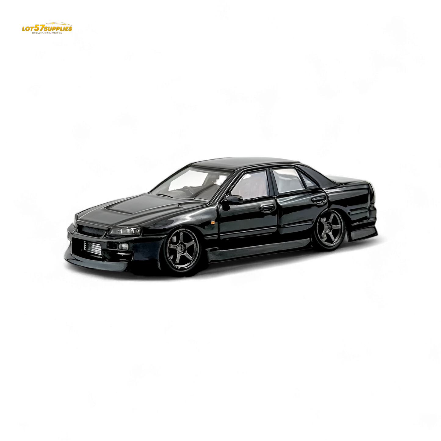 Black metallic Nissan Skyline ER34 Uras diecast model in 1:64 scale by Lot57Supplies Diecast Shop, detailed and collectible.