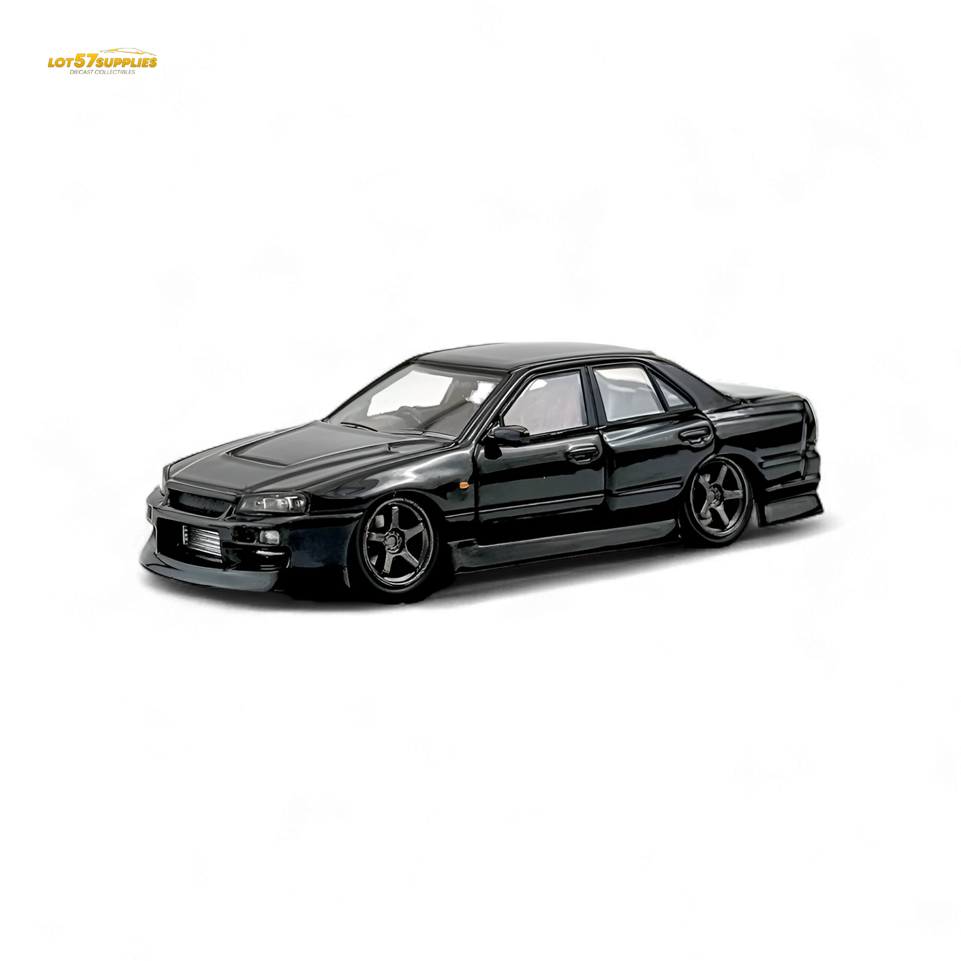 Black metallic Nissan Skyline ER34 Uras diecast model in 1:64 scale by Lot57Supplies Diecast Shop, detailed and collectible.