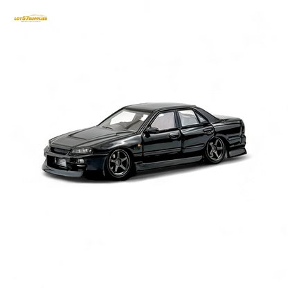 Black metallic Nissan Skyline ER34 Uras diecast model in 1:64 scale by Lot57Supplies Diecast Shop, detailed and collectible.