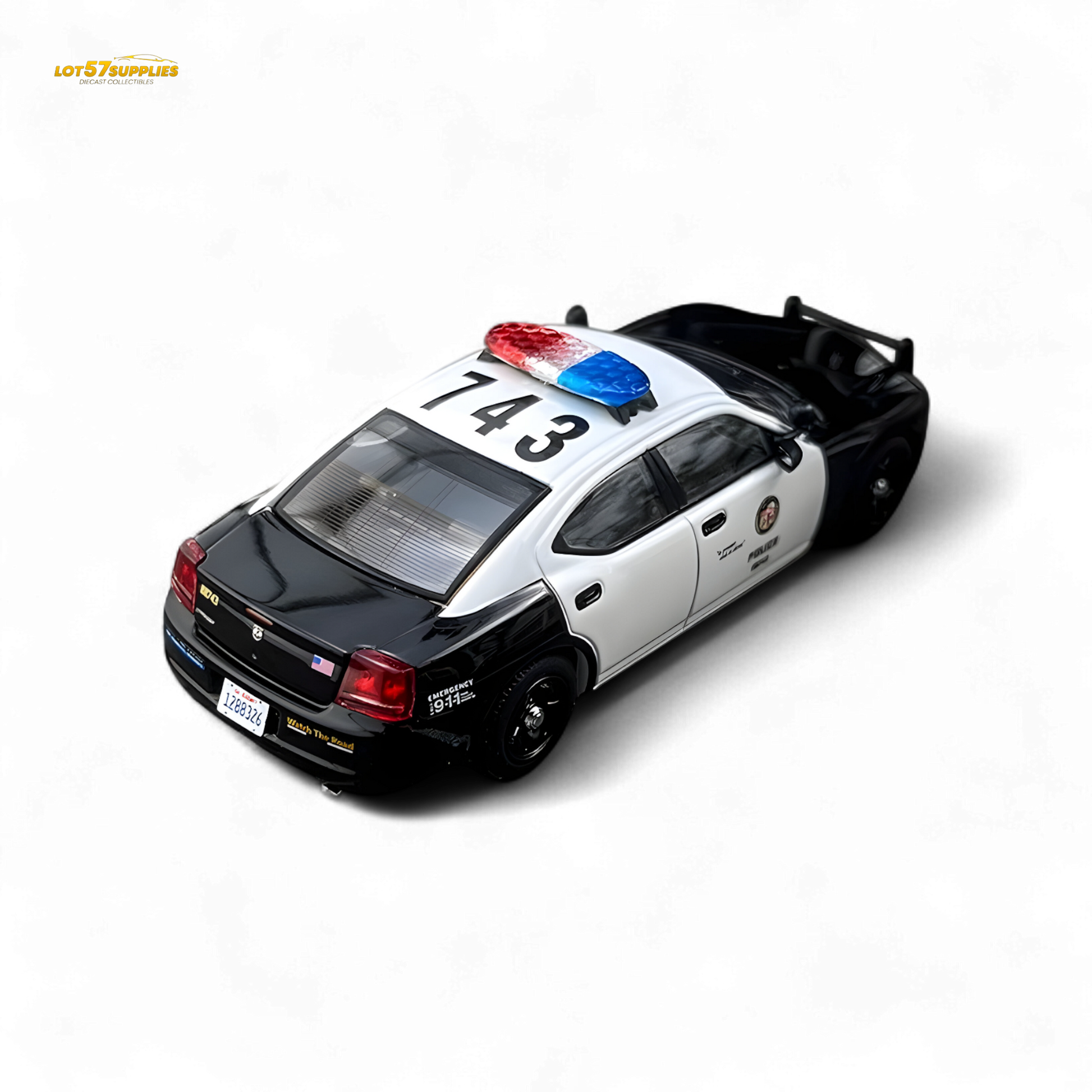 Dodge Charger 2006 LAPD diecast model car in 1:64 scale by Lot57Supplies Diecast Shop, showing police livery and detailed features.