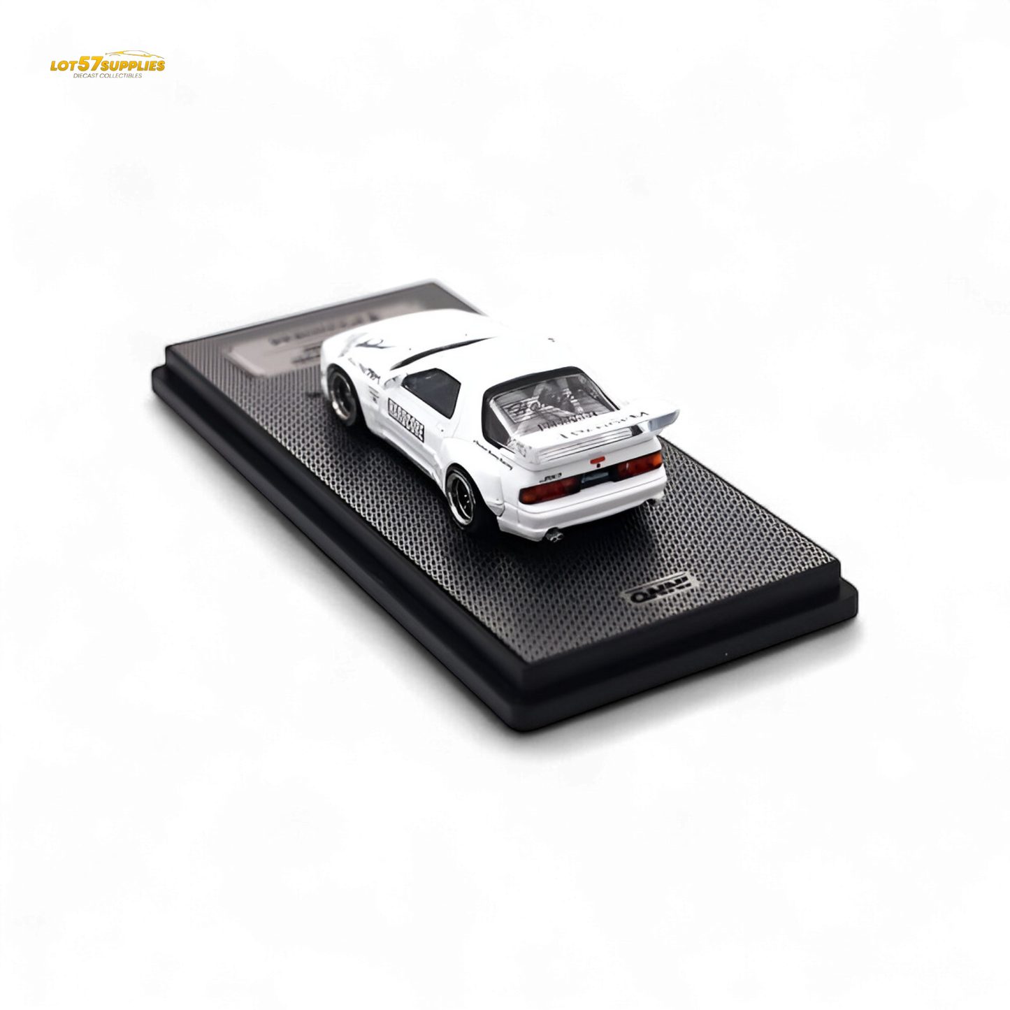 White Inno64 Mazda RX-7 FC3S diecast model with Pandem Aero kit, detailed scale 1:64, featuring sleek design and intricate features.