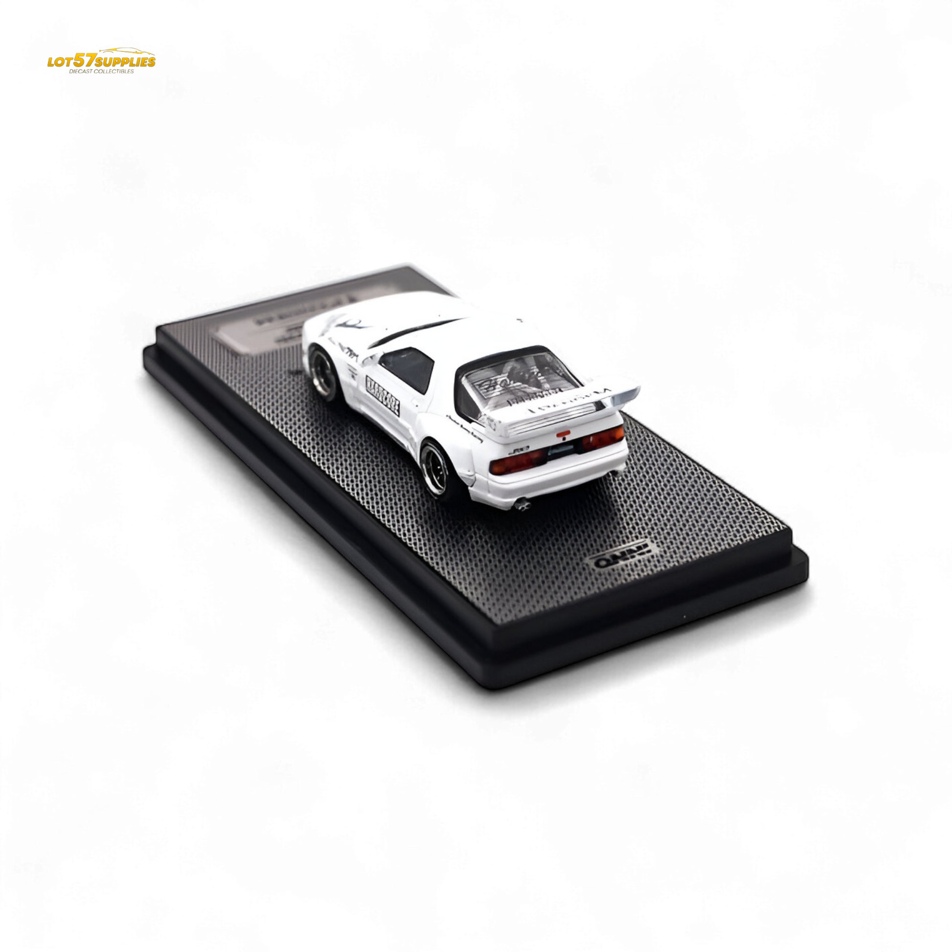 White Inno64 Mazda RX-7 FC3S diecast model with Pandem Aero kit, detailed scale 1:64, featuring sleek design and intricate features.