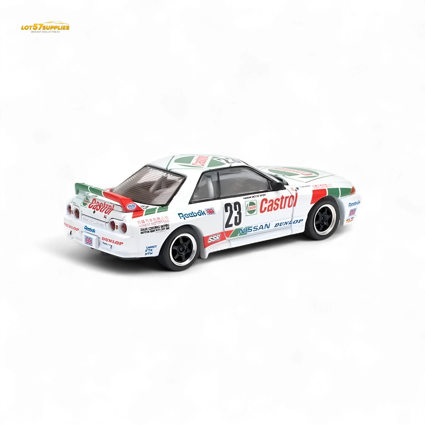White Nissan Poprace GT-R R32 diecast model celebrating Macau Guia Race 1990 winner, detailed 1:64 scale collectible.