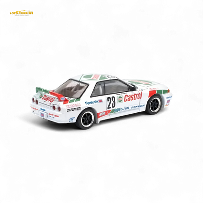 White Nissan Poprace GT-R R32 diecast model celebrating Macau Guia Race 1990 winner, detailed 1:64 scale collectible.