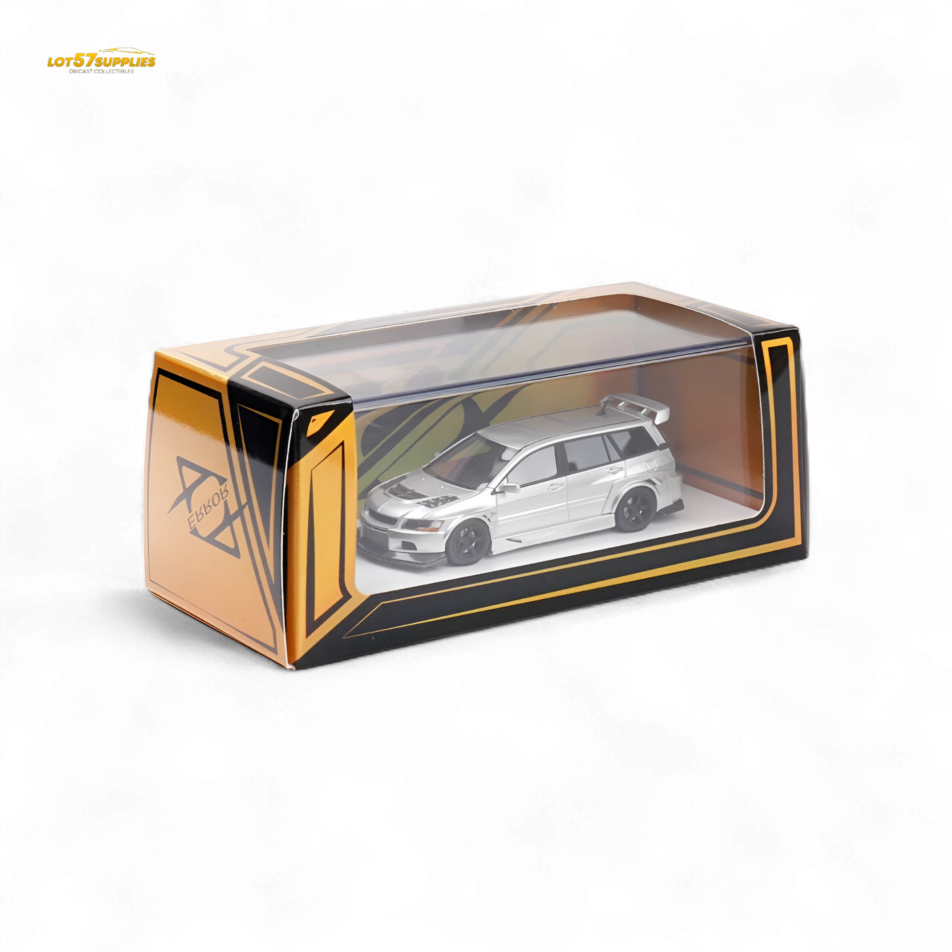 Glossy silver Mitsubishi Lancer EVO 9 Wagon diecast model, 1:64 scale, detailed miniature car from Lot57Supplies Diecast Shop