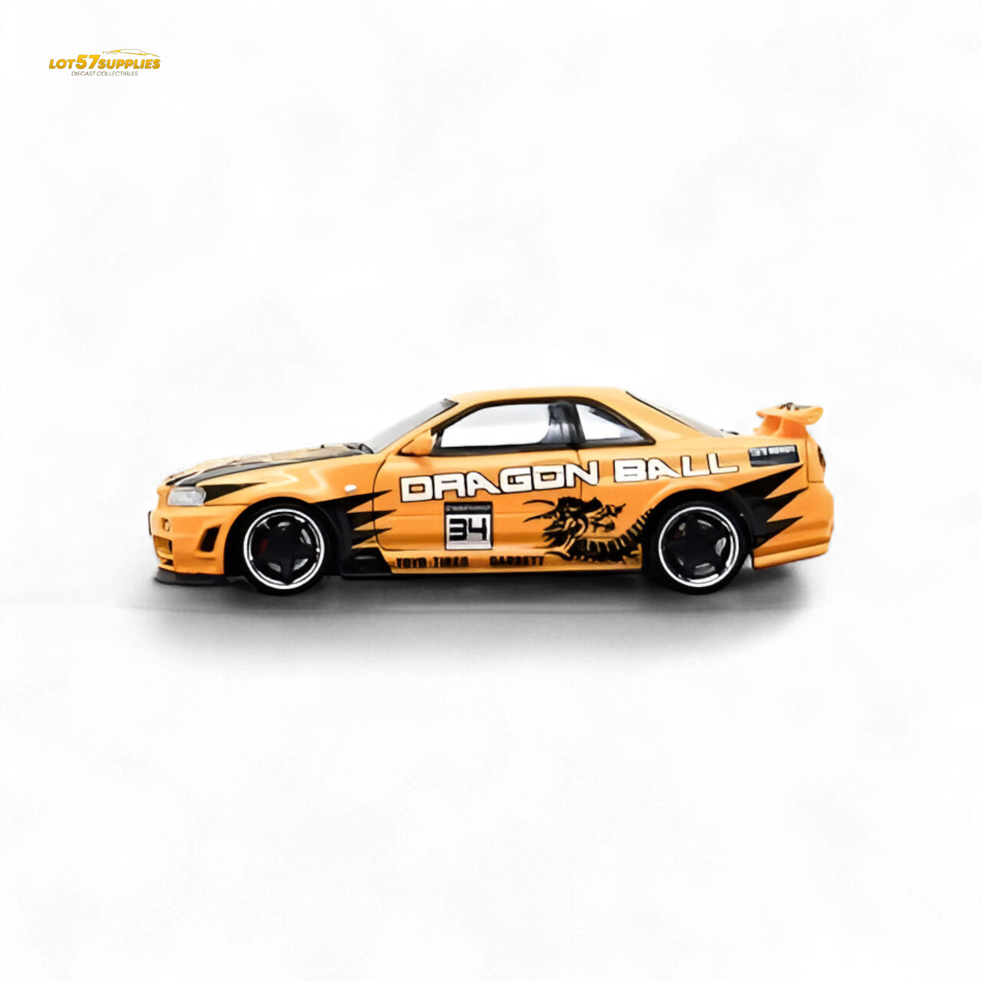 Orange Nissan Skyline R34 GT-R diecast model by Lot57Supplies, detailed 1:64 scale with dragon graphics, fast speed design.