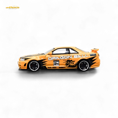Orange Nissan Skyline R34 GT-R diecast model by Lot57Supplies, detailed 1:64 scale with dragon graphics, fast speed design.