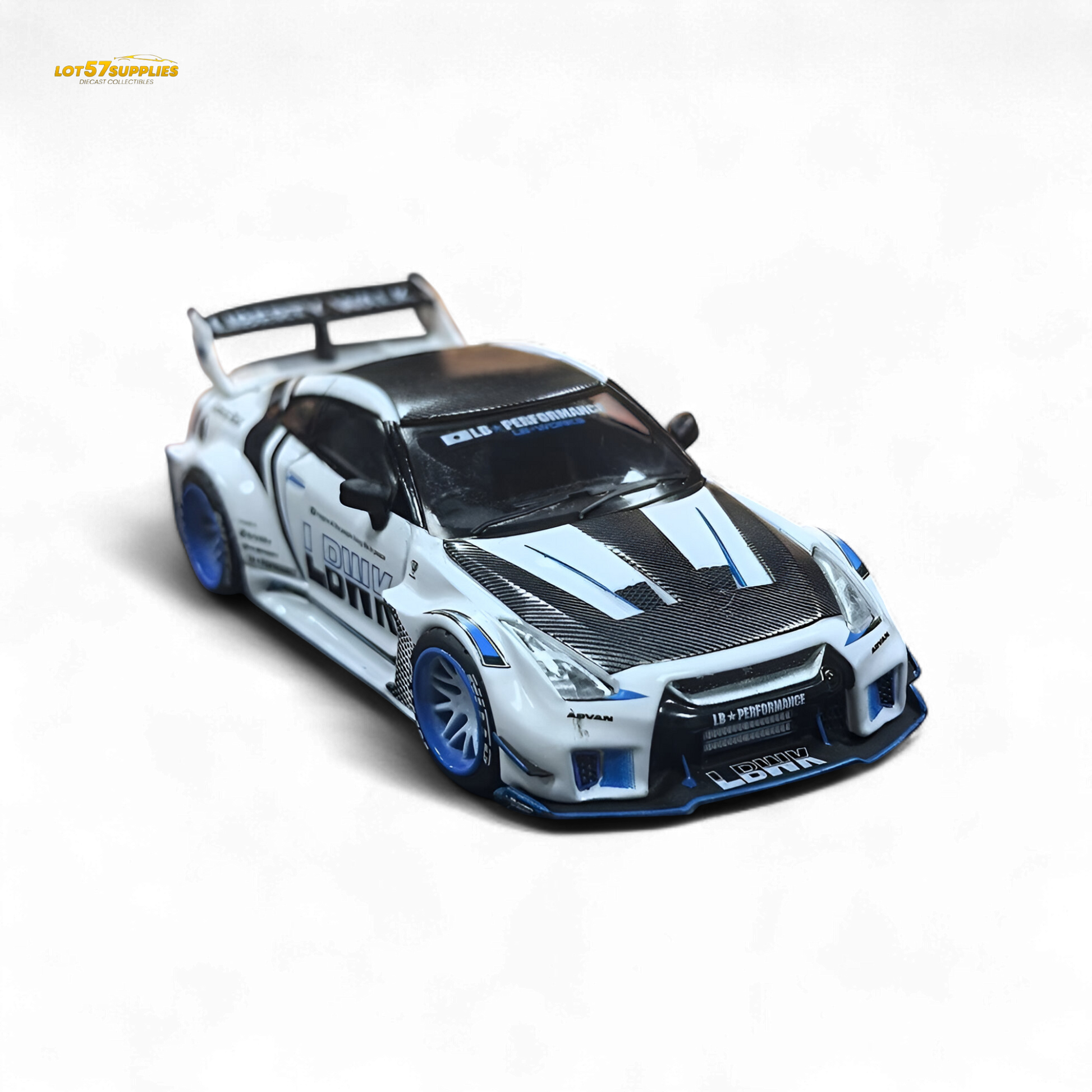 White and blue striped Nissan GTR R35 diecast car with carbon roof, 1:64 scale, by Lot57Supplies Diecast Shop.