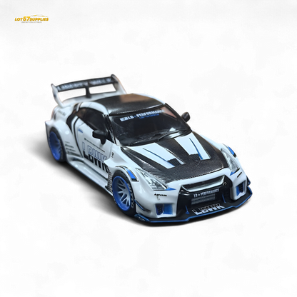 White and blue striped Nissan GTR R35 diecast car with carbon roof, 1:64 scale, by Lot57Supplies Diecast Shop.