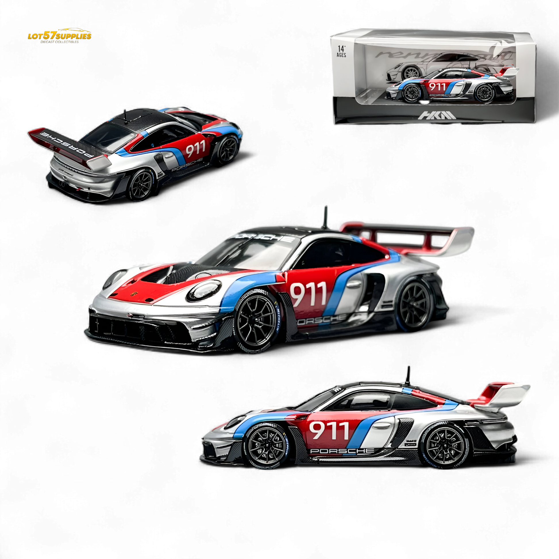 Silver HKM Model Porsche 911 GT3 Rennsport diecast car in 1:64 scale, detailed miniature vehicle with realistic features.