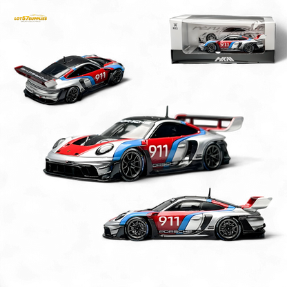 Silver HKM Model Porsche 911 GT3 Rennsport diecast car in 1:64 scale, detailed miniature vehicle with realistic features.