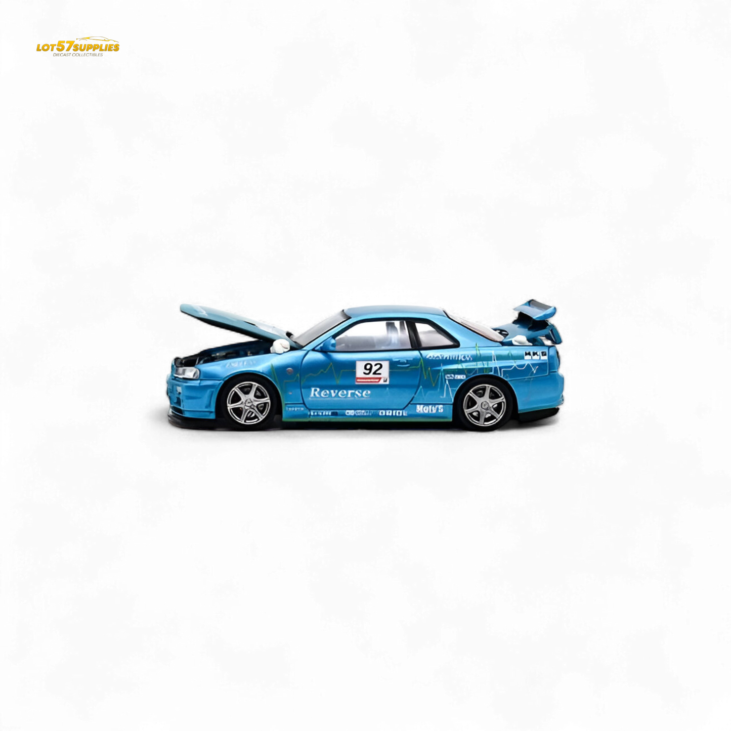 Blue Nissan Skyline R34 diecast model #92 with figure, detailed scale 1:64, from Lot57Supplies Diecast Shop.