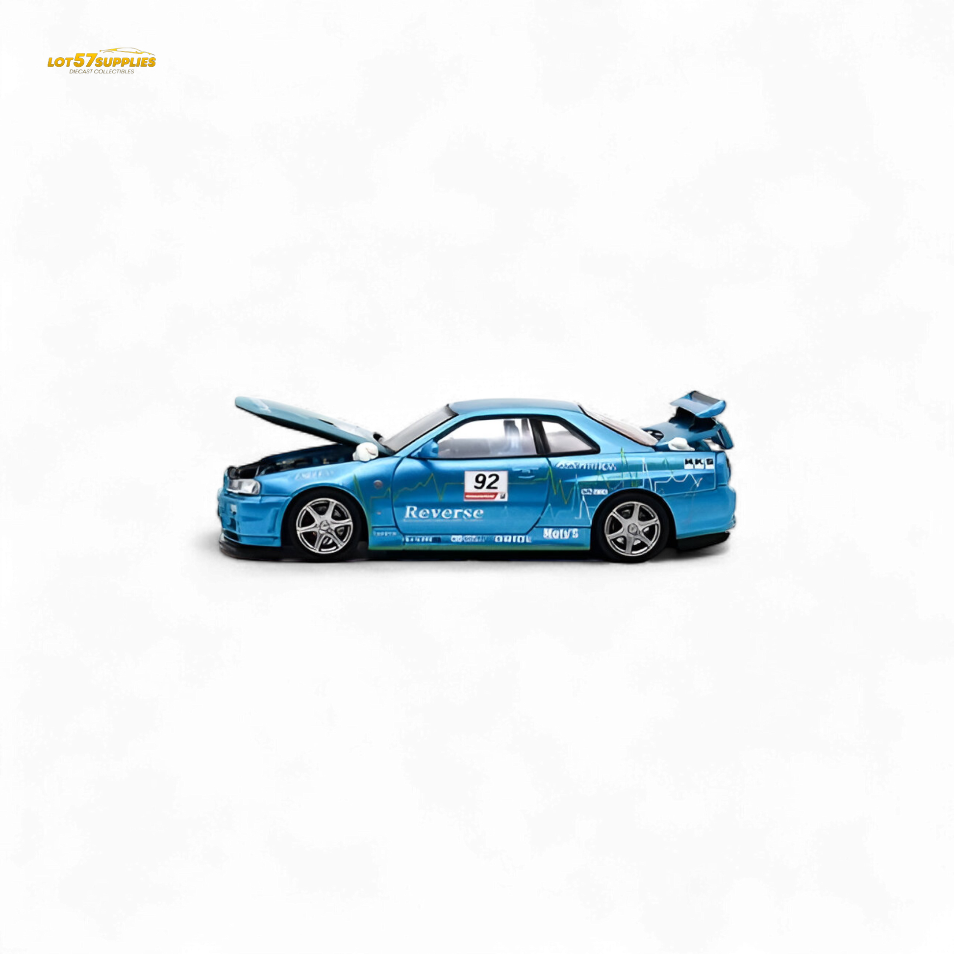 Blue Nissan Skyline R34 diecast model #92 with figure, detailed scale 1:64, from Lot57Supplies Diecast Shop.