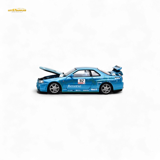 Blue Nissan Skyline R34 diecast model car in 1:64 scale by Lot57Supplies Diecast Shop, with detailed exterior and racing number #92.