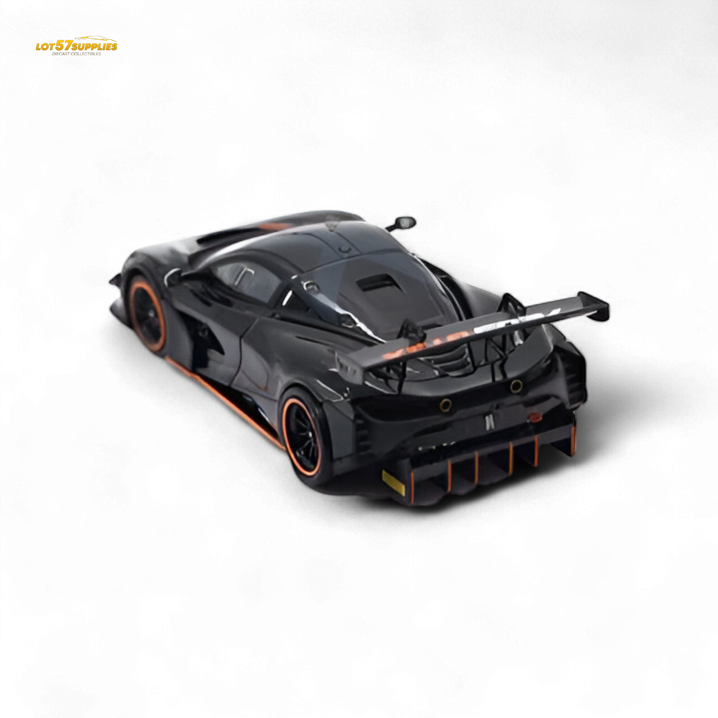 Black McLaren 720S GT3X diecast model by Lot57Supplies in 1:64 scale, detailed miniature car with sleek design.