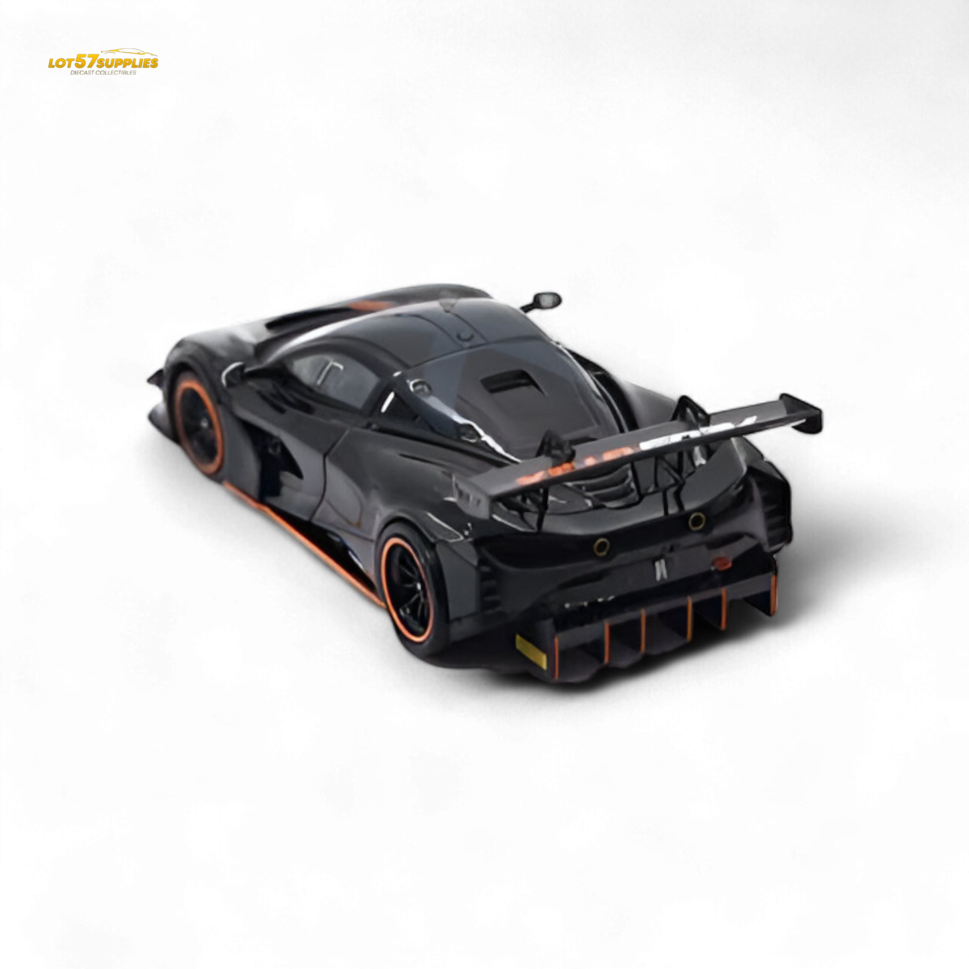 Black McLaren 720S GT3X diecast model by Lot57Supplies in 1:64 scale, detailed miniature car with sleek design.