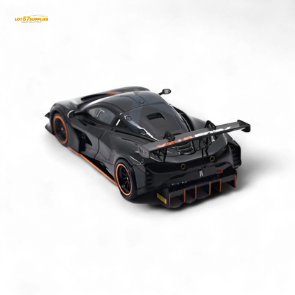 Black McLaren 720S GT3X diecast model by Lot57Supplies in 1:64 scale, detailed miniature car with sleek design.