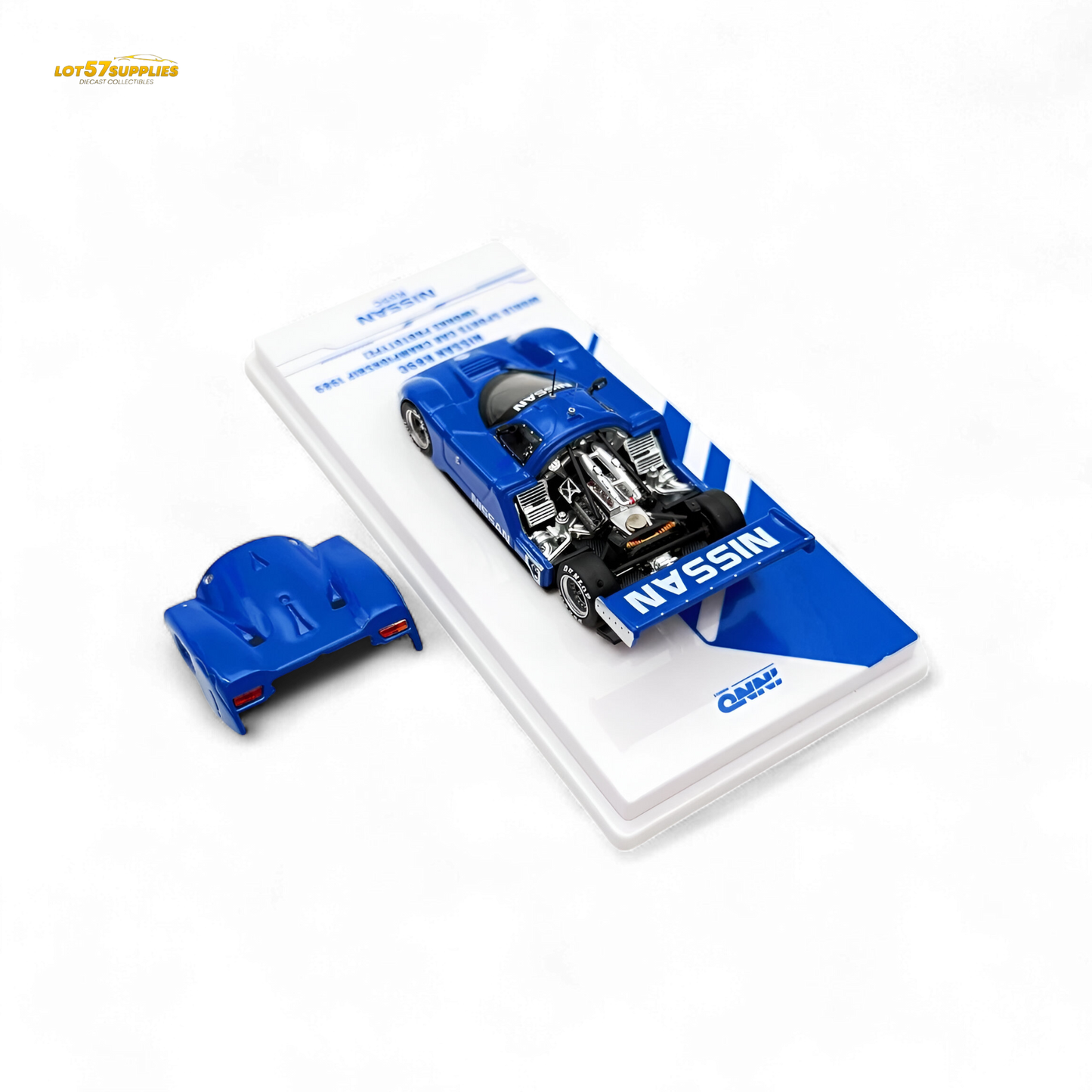 Blue Nissan R89C diecast model from Inno64, 1:64 scale, detailed replica with racing livery, showcasing the Nissan racing car.