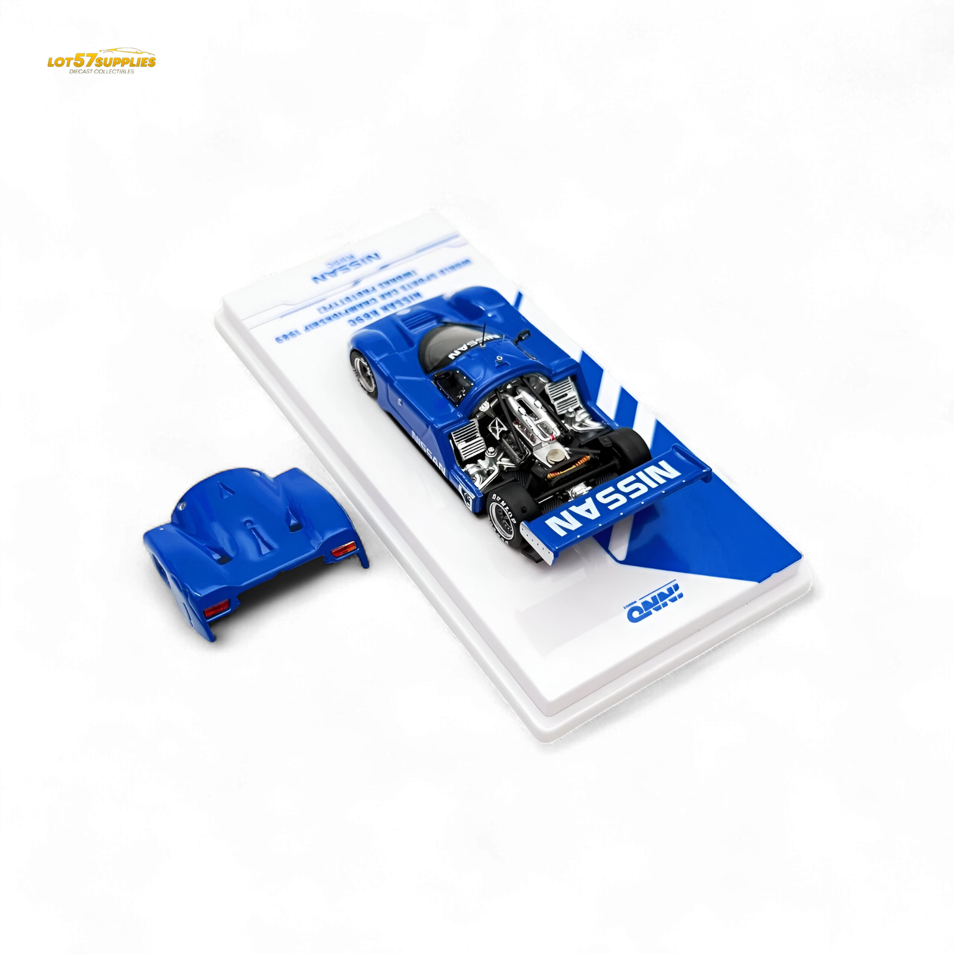 Blue Nissan R89C diecast model from Inno64, 1:64 scale, detailed replica with racing livery, showcasing the Nissan racing car.