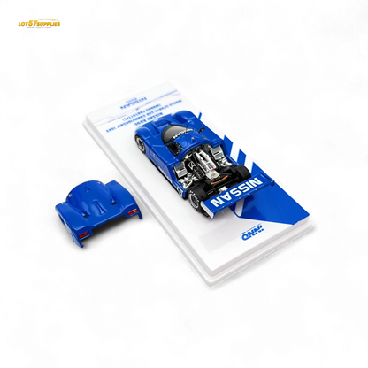 Blue Nissan R89C diecast model from Inno64, 1:64 scale, detailed replica with racing livery, showcasing the Nissan racing car.