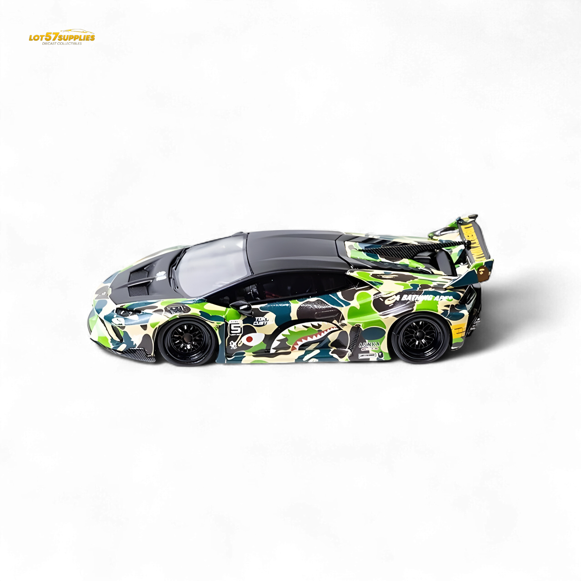 Lamborghini Huracan LP610-4 diecast model by Lot57Supplies in camouflage, featuring wide-body details, 1:64 scale.