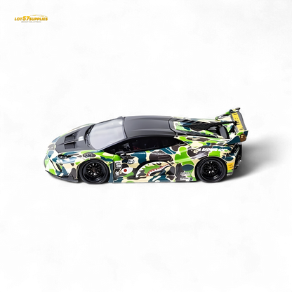Lamborghini Huracan LP610-4 diecast model by Lot57Supplies in camouflage, featuring wide-body details, 1:64 scale.