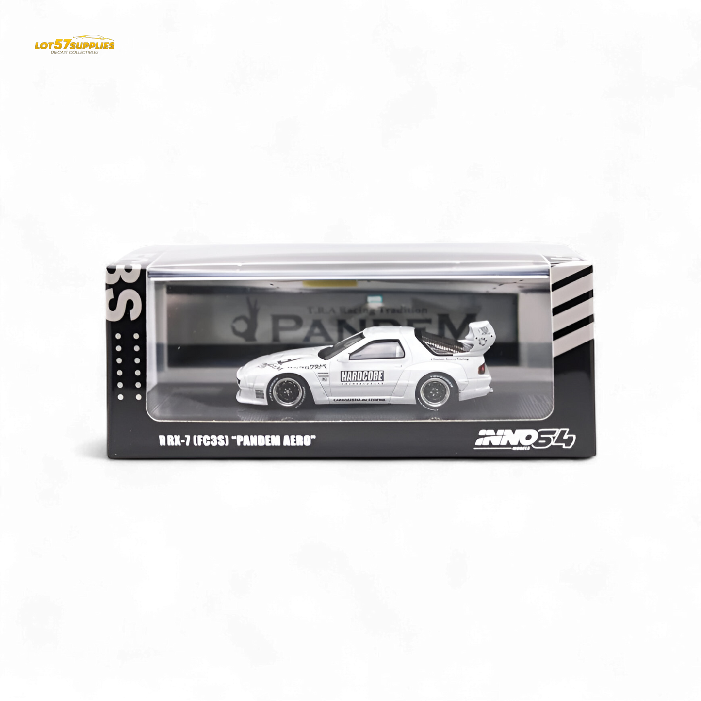 White Inno64 Mazda RX-7 FC3S diecast model with Pandem Aero kit, detailed view of the 1:64 scale Mazda car.