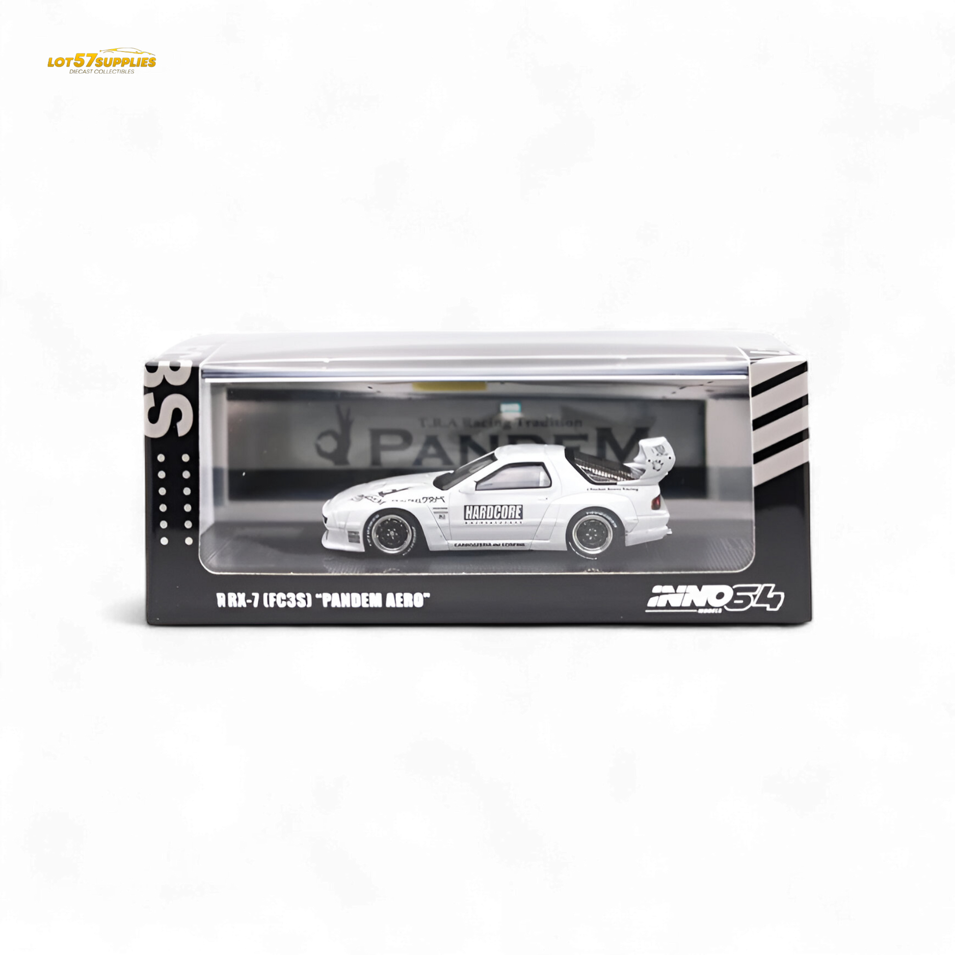 White Inno64 Mazda RX-7 FC3S diecast model with Pandem Aero kit, detailed view of the 1:64 scale Mazda car.