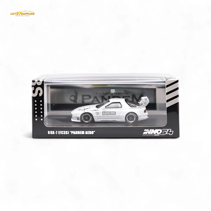 White Inno64 Mazda RX-7 FC3S diecast model with Pandem Aero kit, detailed view of the 1:64 scale Mazda car.