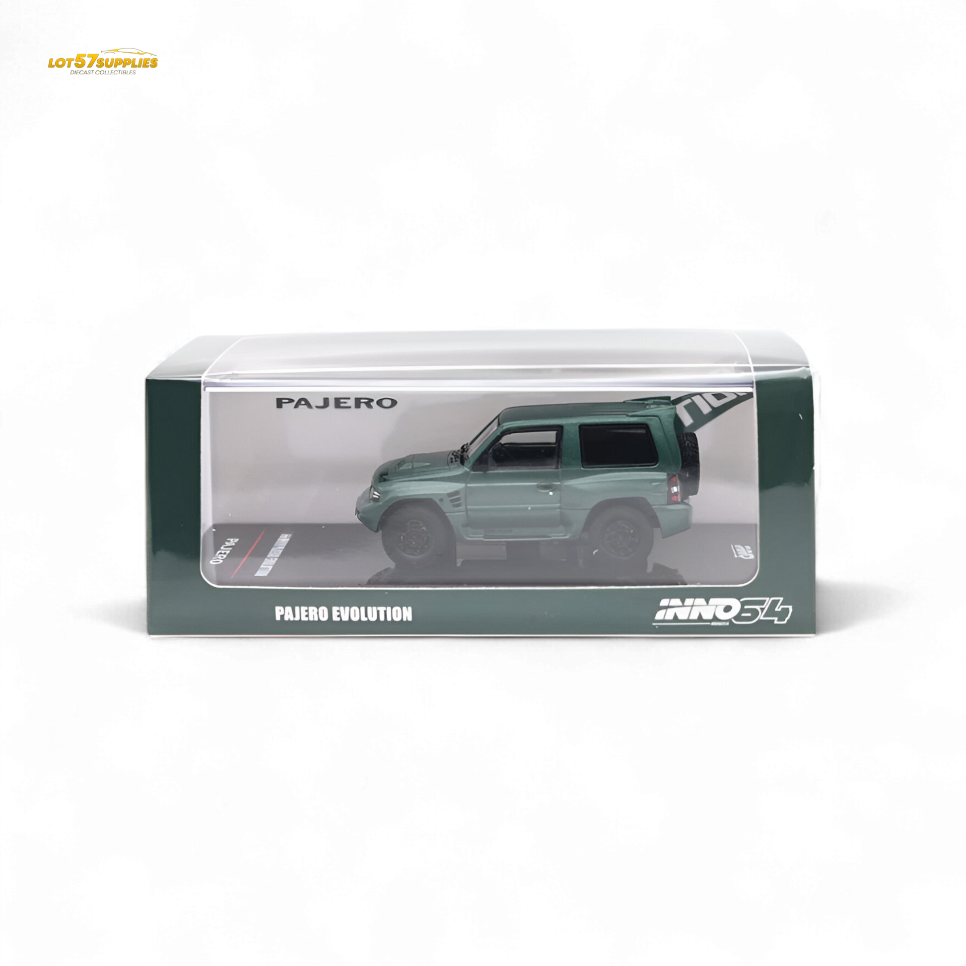 Satin green Inno64 Mitsubishi Pajero Evolution diecast model car, detailed 1:64 scale replica, showcasing Mitsubishi vehicle features.
