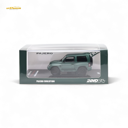 Satin green Inno64 Mitsubishi Pajero Evolution diecast model car, detailed 1:64 scale replica, showcasing Mitsubishi vehicle features.