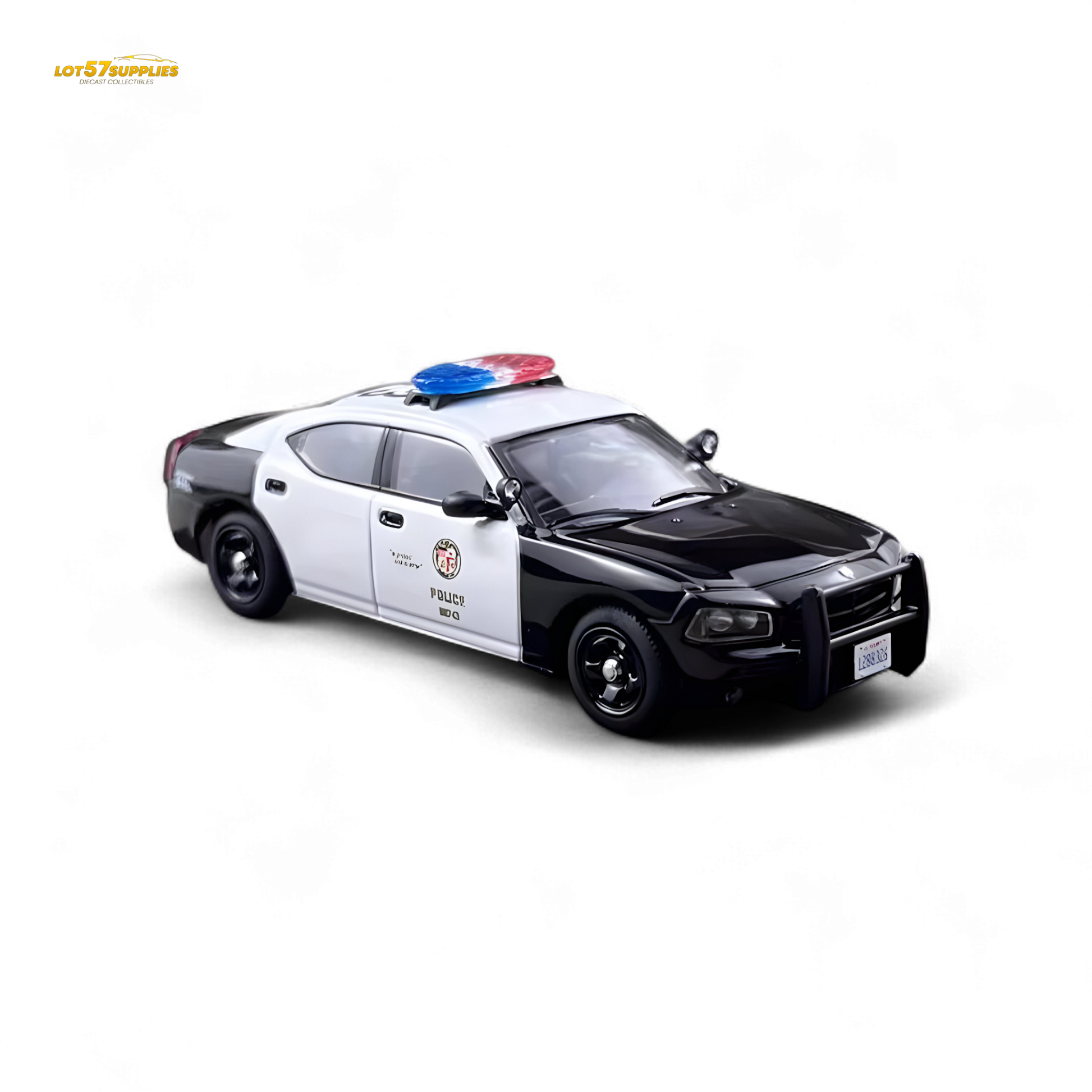 Dodge Dodge Charger 2006 LAPD police car diecast model in 1:64 scale, blue and white with police decals from Lot57Supplies Diecast Shop