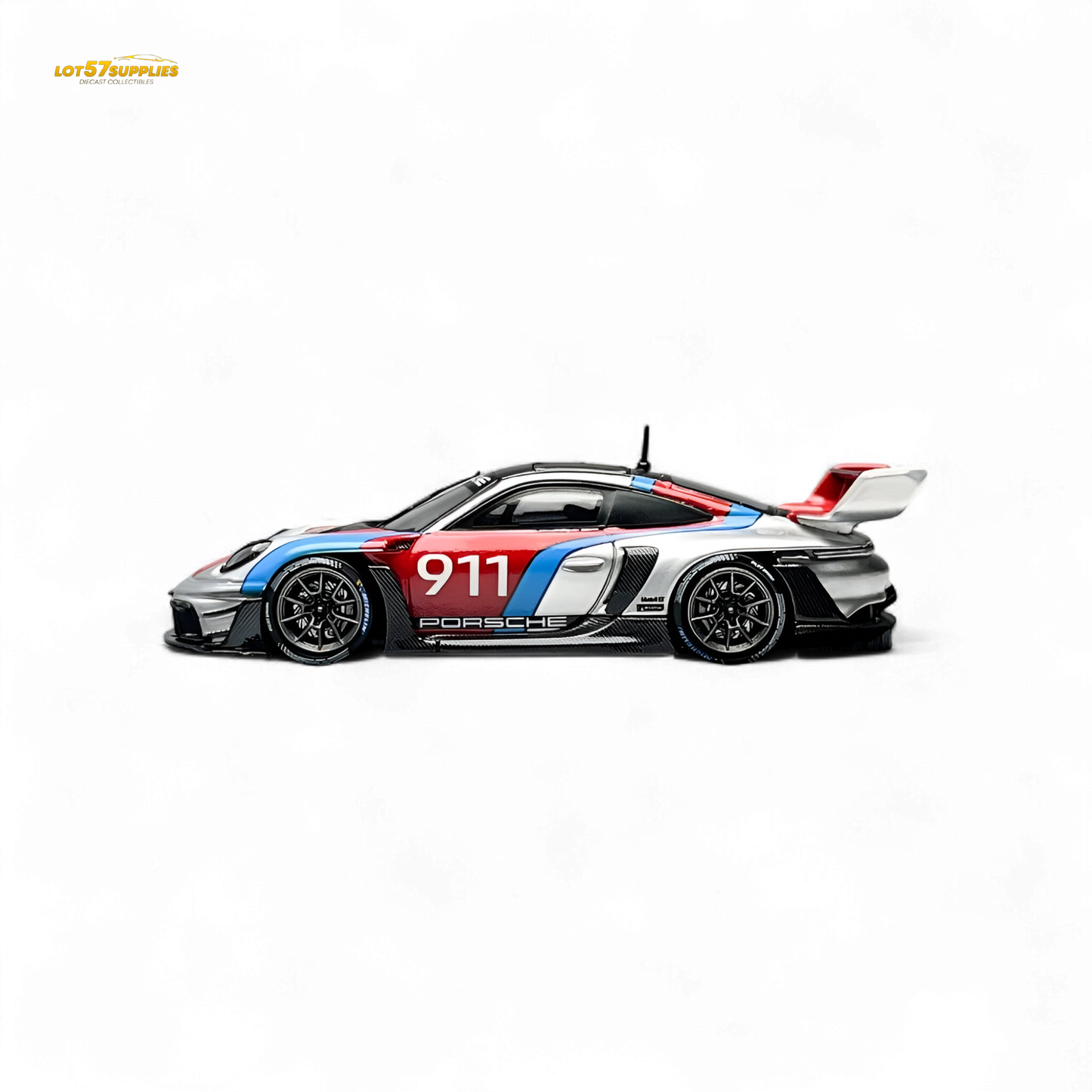 Silver HKM Model Porsche 911 GT3 Rennsport diecast car in 1:64 scale, detailed miniature with realistic Porsche design features.