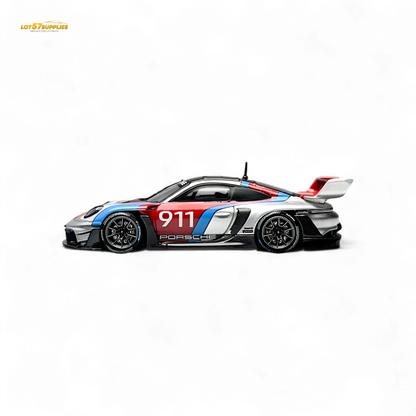 Silver HKM Model Porsche 911 GT3 Rennsport diecast car in 1:64 scale, detailed miniature with realistic Porsche design features.