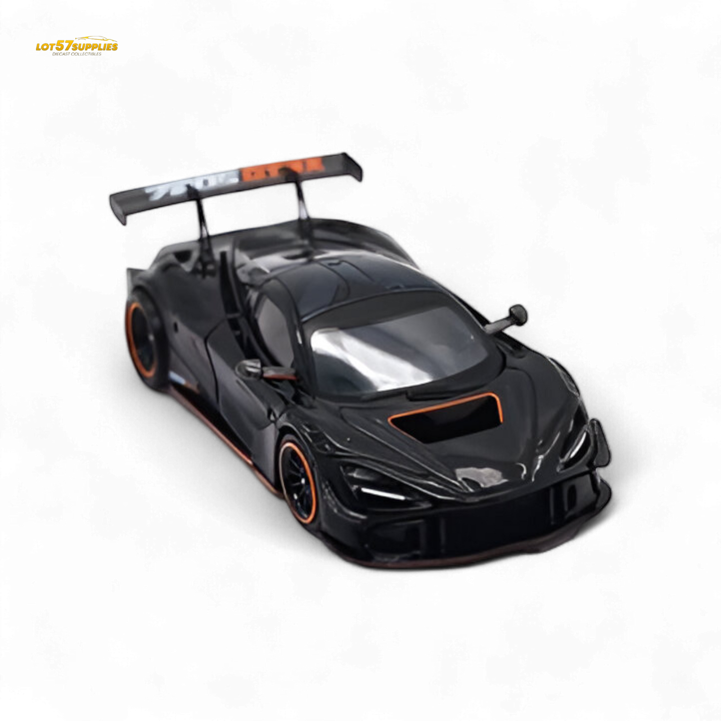 Black McLaren 720S GT3X diecast model by Lot57Supplies, detailed 1:64 scale car with realistic features.