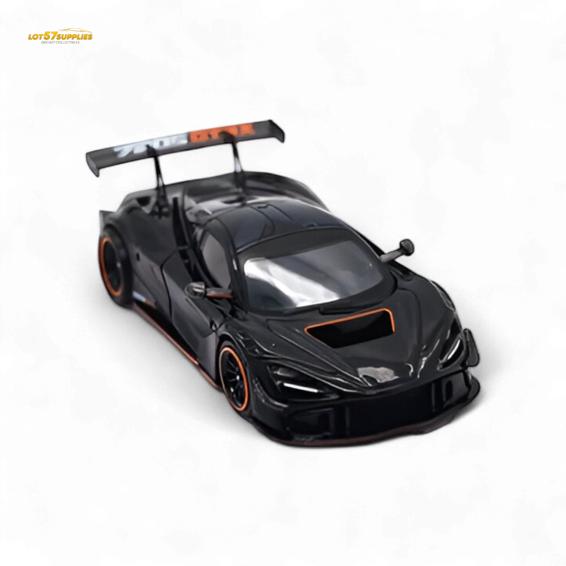 Black McLaren 720S GT3X diecast model by Lot57Supplies, detailed 1:64 scale car with realistic features.