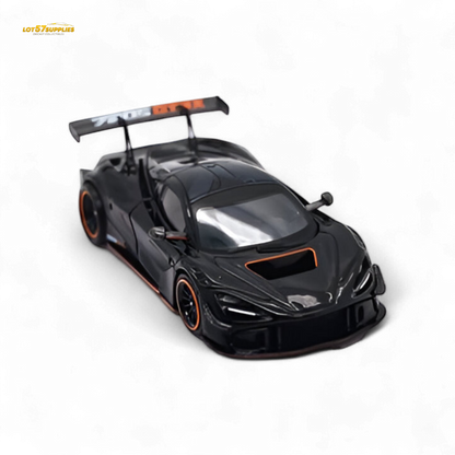 Black McLaren 720S GT3X diecast model by Lot57Supplies, detailed 1:64 scale car with realistic features.